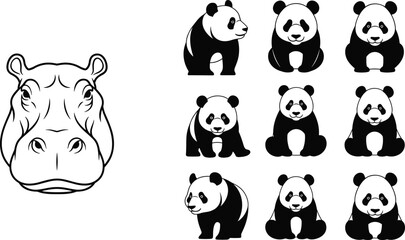 Line art hippo head illustration with set of cute panda silhouettes in various poses, minimalist animal vector icons for creative design © clickwavebd
