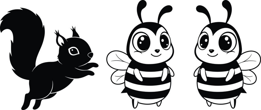 Black squirrel silhouette jumping and cute cartoon honey bee characters set isolated on white background for nature wildlife and insect design