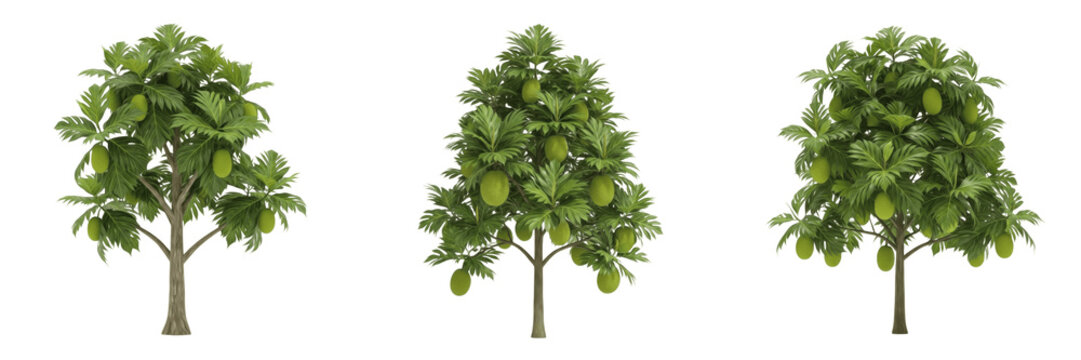 Breadfruit tree isolated on white background, standing on white floor &ndash; Artocarpus altilis, tropical breadfruit, ornamental breadfruit tree, evergreen fruit tree, breadfruit leaves, breadfruit trunk, 