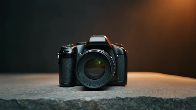 High-end camera macro close-up on textured surface, warm cinematic light, detailed body design, shallow focus, premium product aesthetic, smooth background bokeh, ultra realistic 8K commercial video