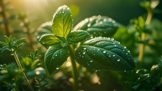 Fresh mint leaves with dew drops, soft sunlight, vibrant green tones, macro cinematic close up, shallow depth of field, organic herbal concept, 8K.