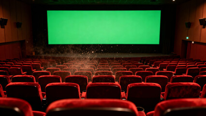 Empty movie theater with a vivid green screen, awaiting new cinematic stories and digital content