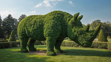Fototapeta premium 巨大なサイ型トピアリーが佇む美しい庭園風景 Giant Rhinoceros-Shaped Topiary in a Formal Garden （Generative AI）