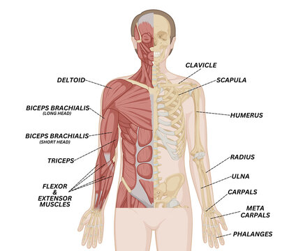 Upper Limb Bones and Muscles Anatomy Illustration &ndash; Human Arm Skeletal and Muscular System