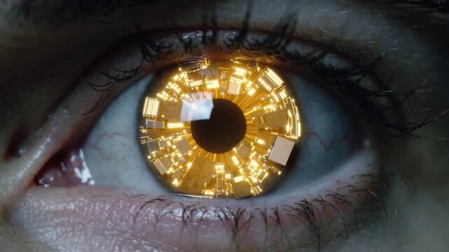 Digital iris with glowing circuit patterns in human eye. Extreme close-up of bionic eye technology.