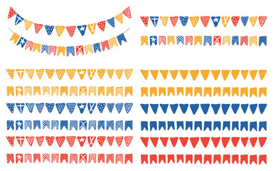Fototapeta premium Swallowtail, triangular flags, bunting with different patterns illustration isolated, collection on white. Hand drawn flat vector. Kids nautical print, design element, clip art set, horizontal border