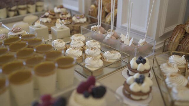 Various elegant desserts including lemon meringue tarts, panna cotta, and cake pops displayed on a wedding buffet table