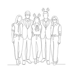 Group of cheerful friends posing together with festive outfits and playful accessories. Group features stylish individuals with glasses and fun headgear for holiday celebrations.