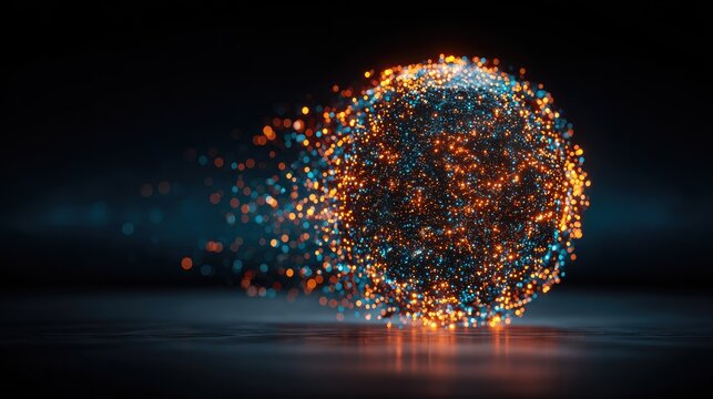 Abstract digital sphere exploding with glowing particles on dark background