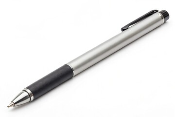 Silver ballpoint pen with black grip isolated on white background, a sleek writing tool for office, school, or personal use