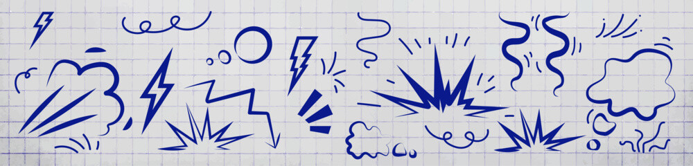 Cartoon line effects icon set. Manga speed elements, movement, burst, sketched motion