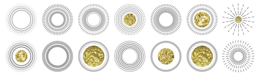 Line sun ray set. Star burst icon, sunburst radial shapes collection