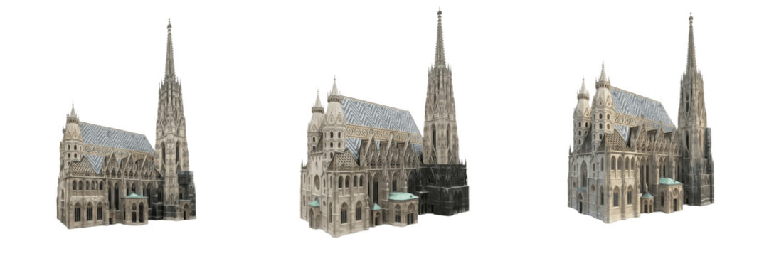 St. Stephen&rsquo;s Cathedral Vienna Austria isolated on white background, iconic Gothic church landmark, Stephansdom Wien, Vienna cathedral architecture cutout PNG, white floor, no shadow, Europe travel mo