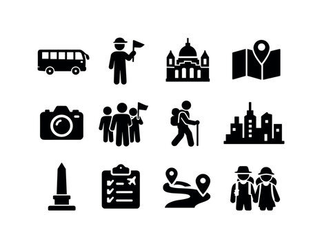 Sightseeing tours. Solid icon set of sightseeing tours: tour bus, tour guide with flag, city landmark, sightseeing map, camera tourist, group