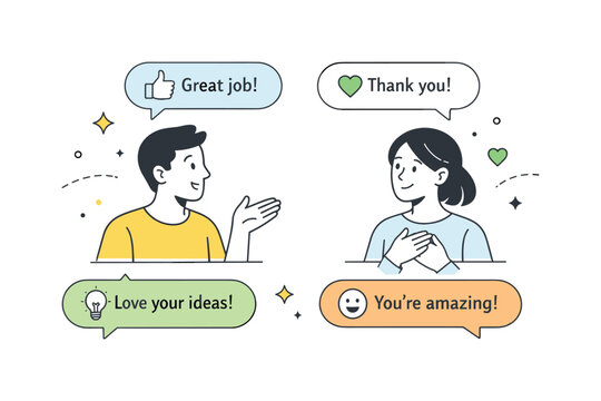 Positive feedback exchange. Two people calmly sharing kind messages through speech bubbles. Trust, appreciation and constructive