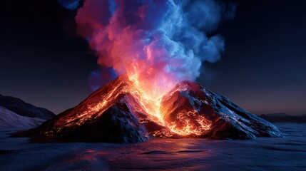 Volcano Eruption with Lava and Smoke at Night