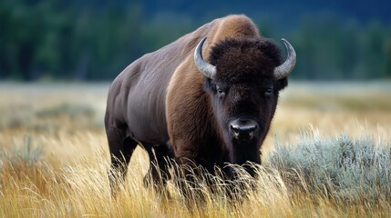 American Bison Standing in Grassland