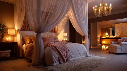 Obraz premium Luxurious Canopy Bed in Romantic Bedroom with Soft Lighting