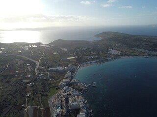 Fototapeta premium Seaside Urban Landscape, Coastal Malta Panorama View, Aerial Drone Capture