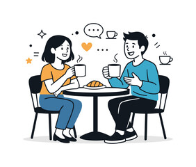 Fototapeta premium Coffee Conversation. Catching up with a friend over a cup of coffee. Two people sitting at a small cafe table, smiling and talking with steaming mugs in hand.