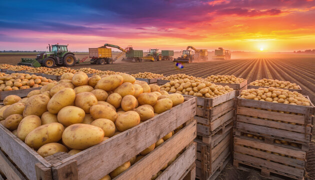 Potato harvest at sunset with tractors working in field