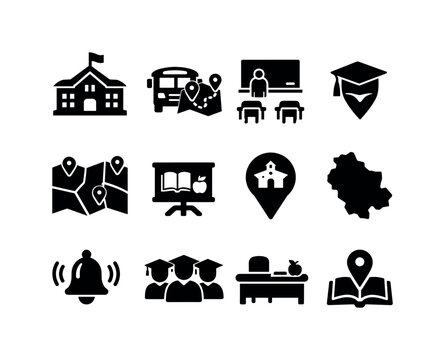 School District Icon Set. School District. Solid icon set of School District: school building, district bus route, classroom icon, academic pin, map with