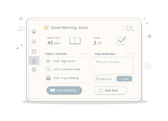 Muted app interfaces. Tablet UI mockup with pale interface elements, soft shadows and intuitive touch areas. Tranquil tech use for wellbeing,