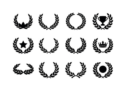 Laurel Wreath Icons. Solid icon set of Laurel Wreath Icons: laurel crown, open wreath, circular laurels, champion symbol, classical award,