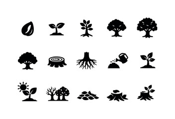 Obraz premium Tree Growth. Solid icon set of Tree Growth: seed, sprout, young tree, growing tree, mature tree, tree rings, roots system, watering tree,