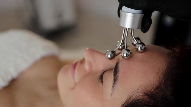 Woman lying down undergoing a beauty regimen, getting a microcurrent treatment on her forehead for skin lifting and elasticity