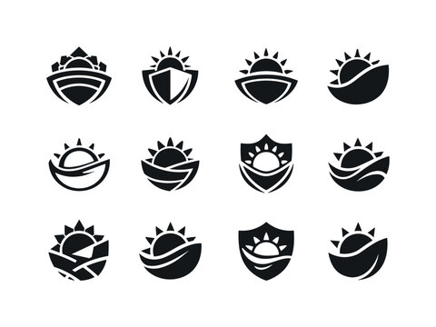 Applying sunscreen for daily protection. Icon set. Set Logo of Applying sunscreen for daily protection: sun with protective layer. harmonious