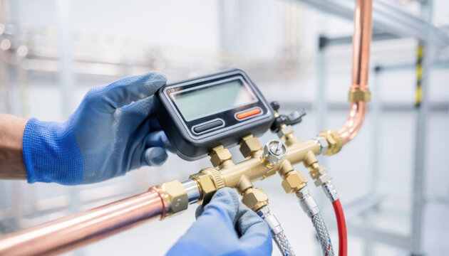 Technician hands installing digital pressure gauge on copper pipes