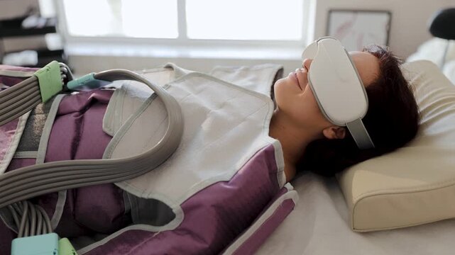 Woman receiving pressotherapy treatment for body contouring and lymphatic drainage wearing eye massage equipment in a beauty center