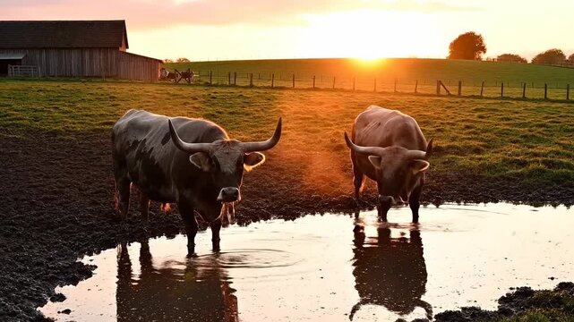 Two majestic bulls drinking water in a serene sunset setting.