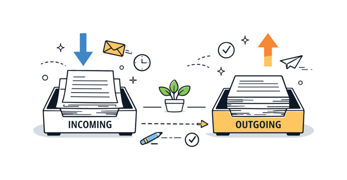 Office Paperwork Flow. Office paperwork flow. Incoming and outgoing trays sit side by side, visualizing document movement and daily administration. Calm