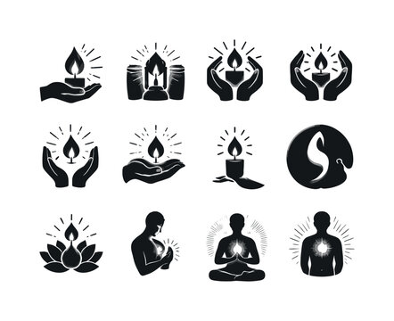 Light in Darkness. Solid icon set of Light in Darkness: candle in hand, flame against dark, guiding light, protective hands, fragile flame,