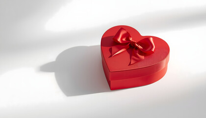 A red heart-shaped gift box with a ribbon on a white background