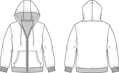 Front and back view of a women's oversized pullover hoodie with kangaroo pocket technical fashion flat sketch, CAD drawing, vector illustration. © Shihab Creative