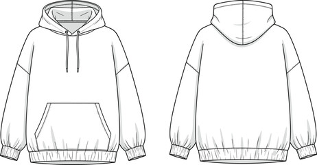 Front and back view of a women's oversized streetwear hoodie with kangaroo pocket technical fashion flat sketch, CAD drawing, white vector illustration. © Shihab Creative