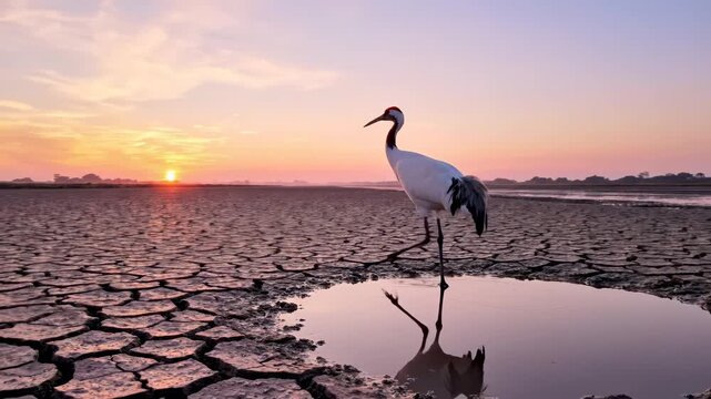 Crane Standing in Water at Sunset with Reflection.