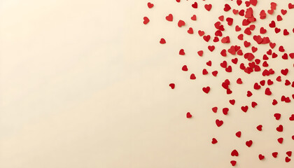 A beautiful background with red hearts on a beige surface