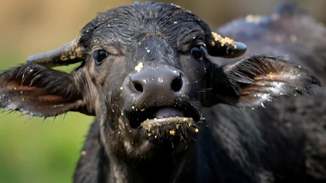 Close-up of a black water buffalo with horns and wet fur.