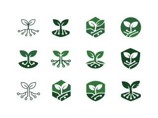 Obraz premium Startups in agriculture technology. Icon set. Set Logo of Startups in agriculture technology: smart farming sprout. harmonious logo