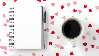A cup of coffee and notebook with hearts on a white background