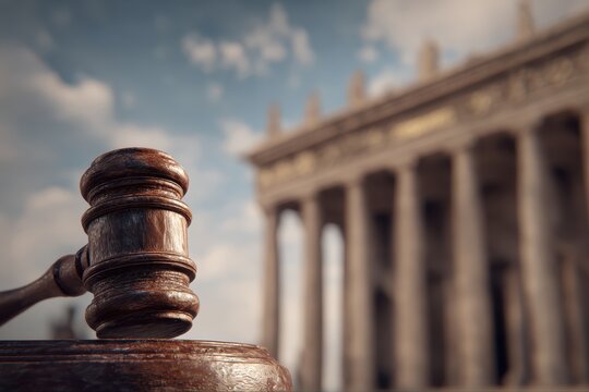 court gavel on the background of an ancient roman building