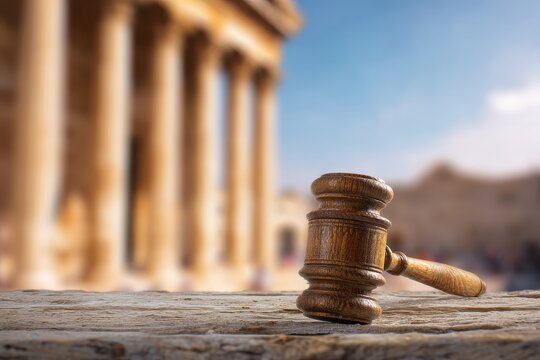 court gavel on the background of an ancient roman building