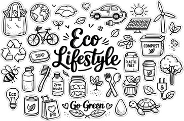 Environmentally conscious eco lifestyle, hand drawn doodle elements set, center hand-lettered title, black & white vector line