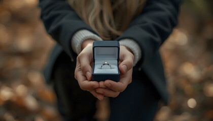 A woman holding a ring box with a diamond ring inside