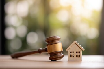 Obraz premium wooden gavel and a small house model on a table, representing the concept of real estate law