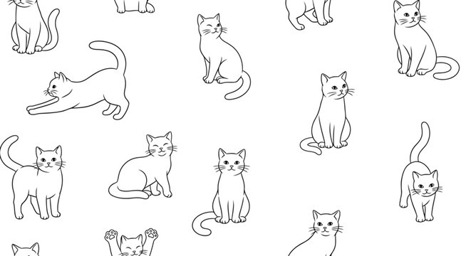 Seamless cat monoline pattern &mdash; continuous single black line playful cats paws tails minimalist repeat background